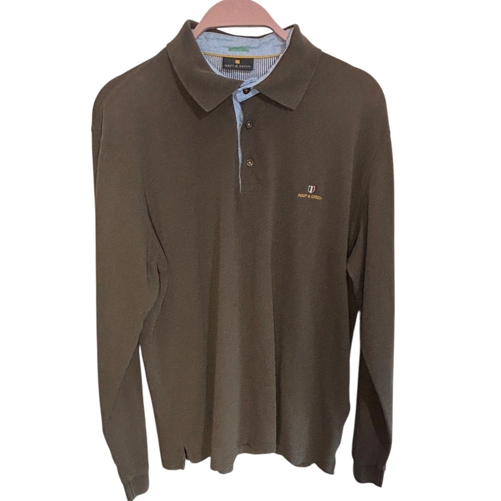 Navy & Green Mens Long Sleeve Organic Cotton Polo Shirt Brown Size XL European